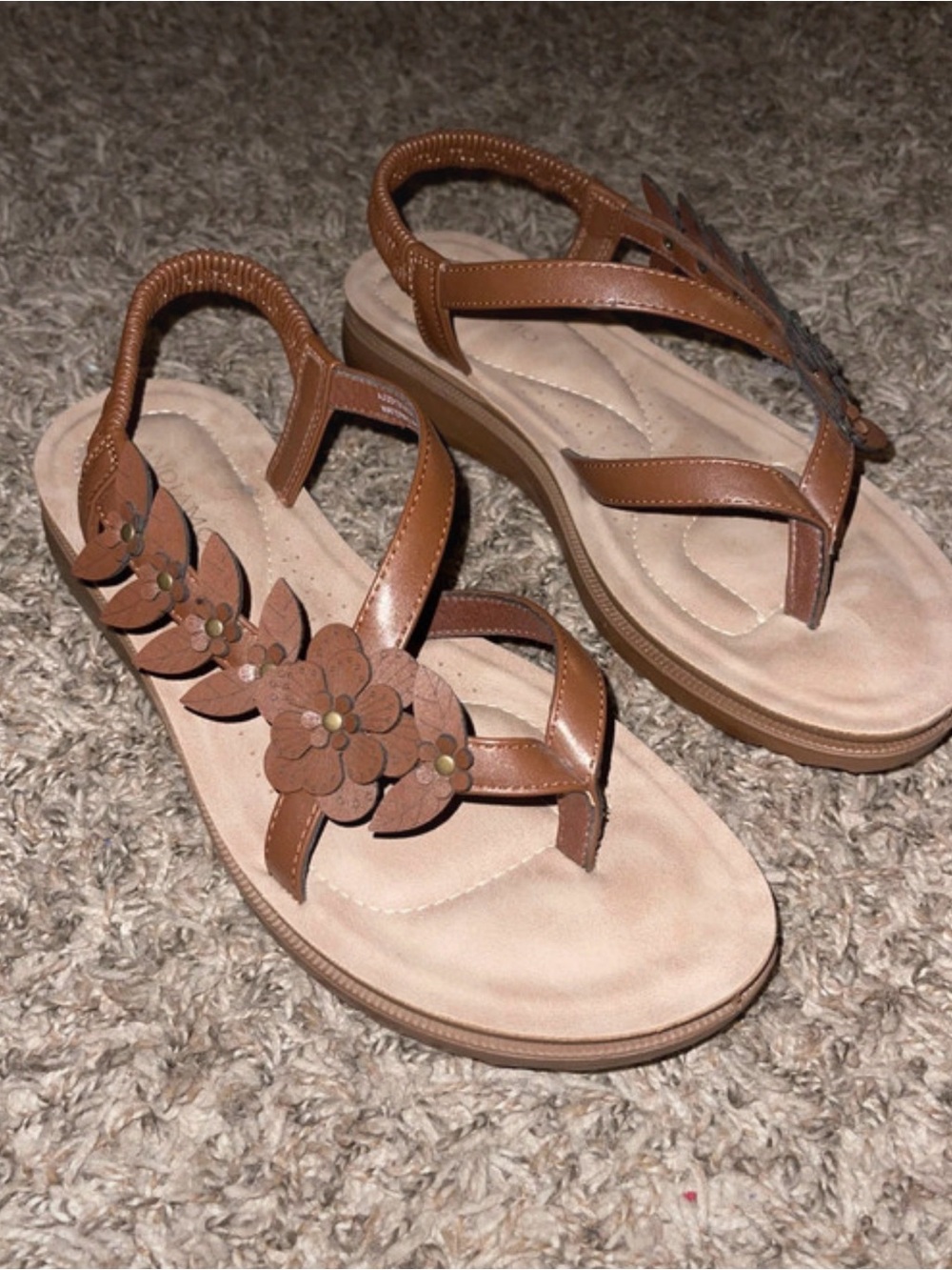 Women's Brown Floral T-Strap Comfort Sandals